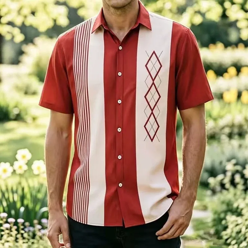 Men Retro Color Block Short Sleeve Shirt Rhombus Print Summer Casual Loose Cool Feeling Mens Button Down Shirts