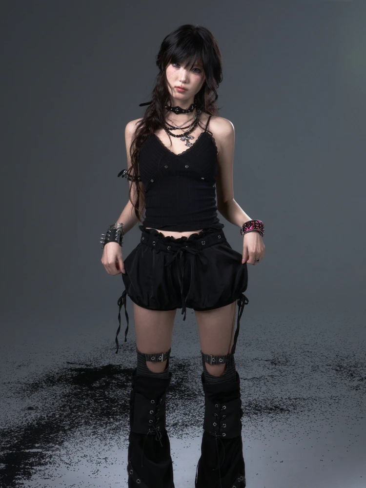 Frustration Garden Original Punk Rock Butterfly Drawstring Dobby Bud Puff Shorts Skirts Black Casual Cute All Match Shorts Women