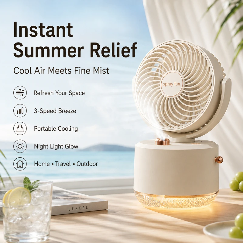 Outdoor Camping Misting Fan - Quiet Rechargeable Mist Table Fan Button