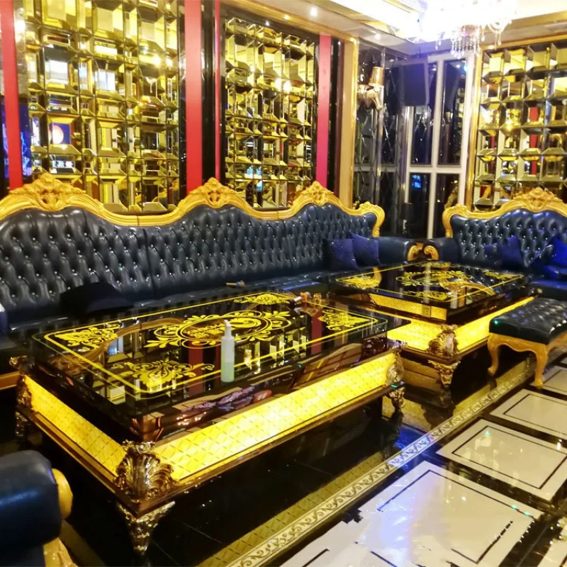 Kustom, ukiran kayu padat mewah furnitur klub led bentuk U L booth hotel bar klub malam sofa kulit biru sudut merah