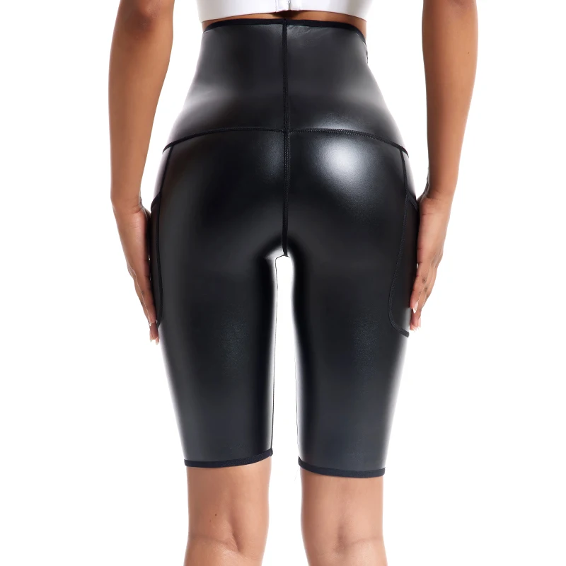 Women Waist Trainer Leather Pants Tummy Control Leggings High Waisted Slimming Shapewear Pleather Body Shaper Shorts with Pocket