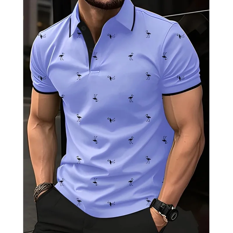 

Flamingos fashion printed street short-sleeved top Business Turn Down Collar Streetwear Luxury Brand Men Polo Shirt High Quality