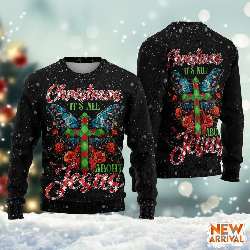 3D Print Christmas Jesus Sweatshirt For Men Women Snowman Cross Pattern Hoodie Casual Long Sleeves Pullovers Round Neck Hoodies