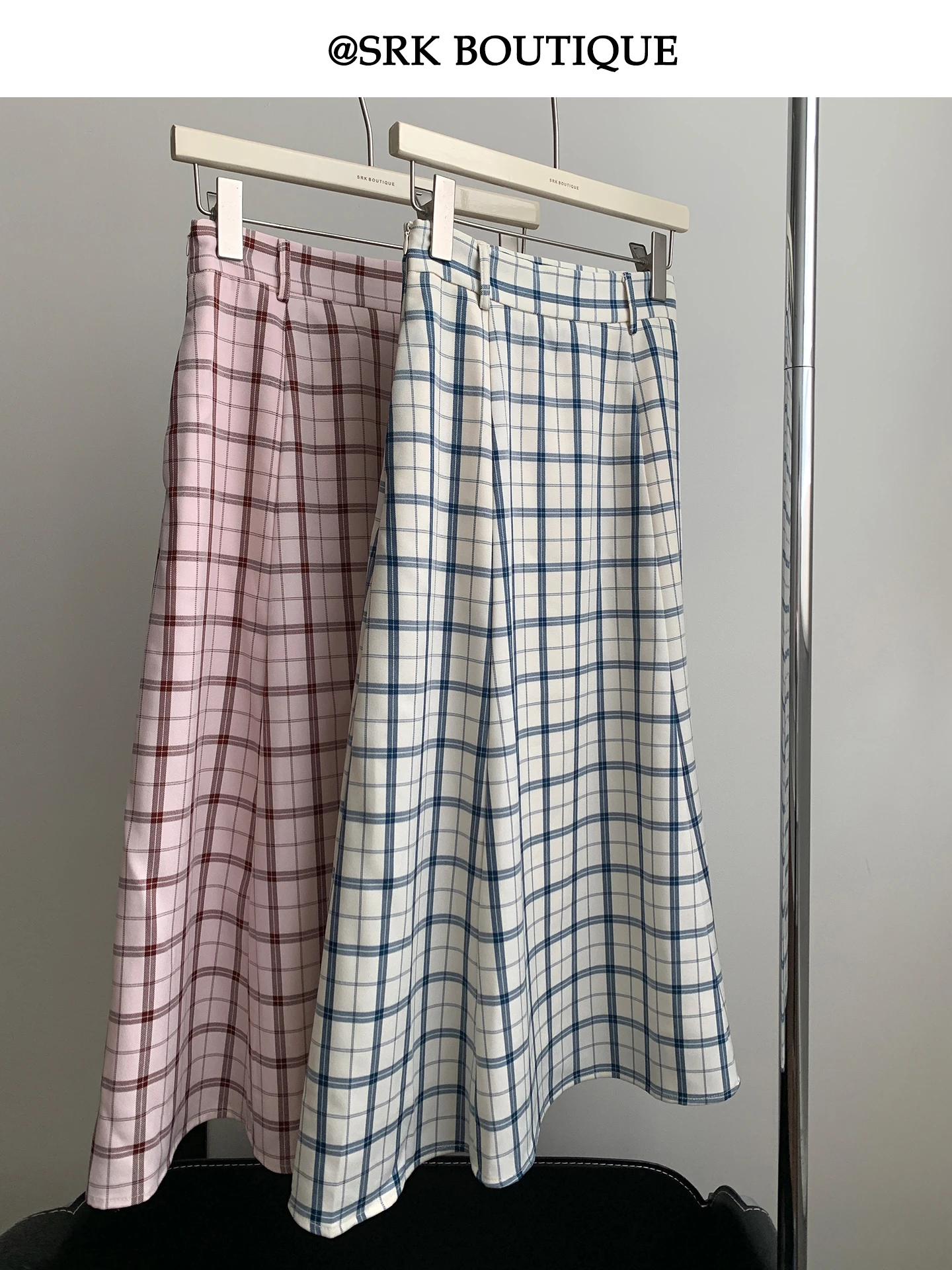 

Модная женская юбка-миди SRK А-силуэта в клетку, сине-розовая, универсальная, с завышенной талией, из полиэстера, на молнии