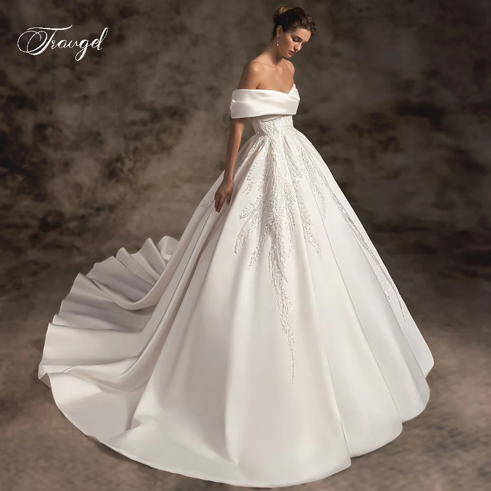 Traugel Sexy Boat Neck Lace Vintage Wedding Dresses Luxury Backless Appliques Beaded Court Train Princess A Line Bridal Gown