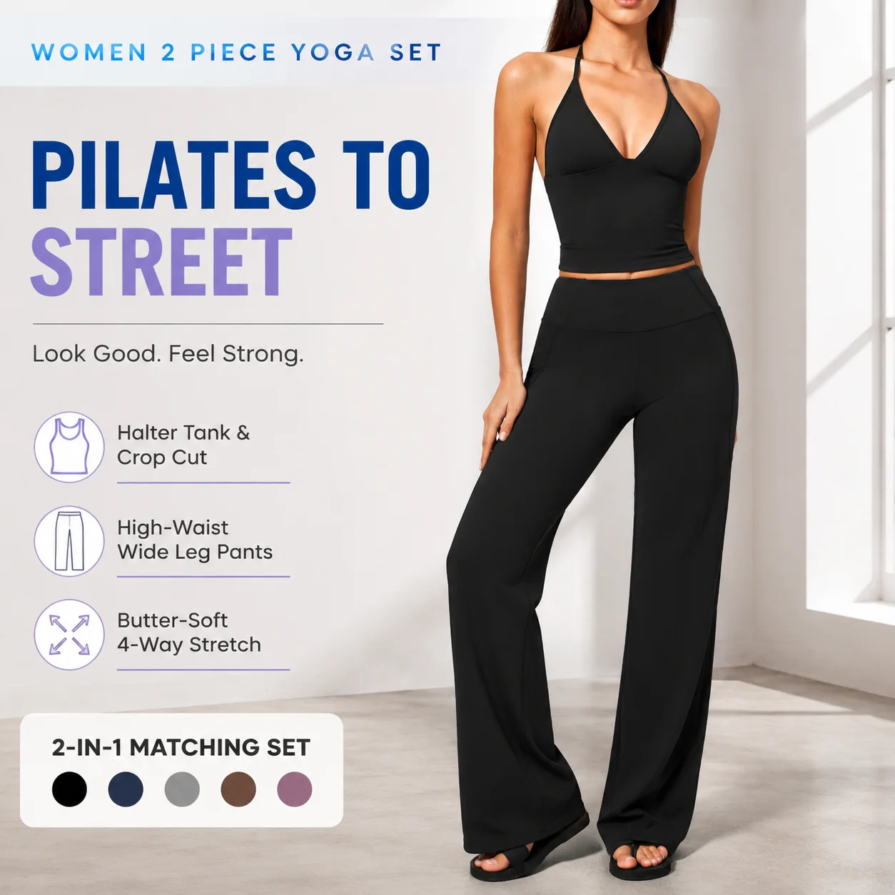 Women 2 Piece Yoga Set Halter Tank Top High Waist Wide Leg Pants Pilates Workout Lounge Activewear Set