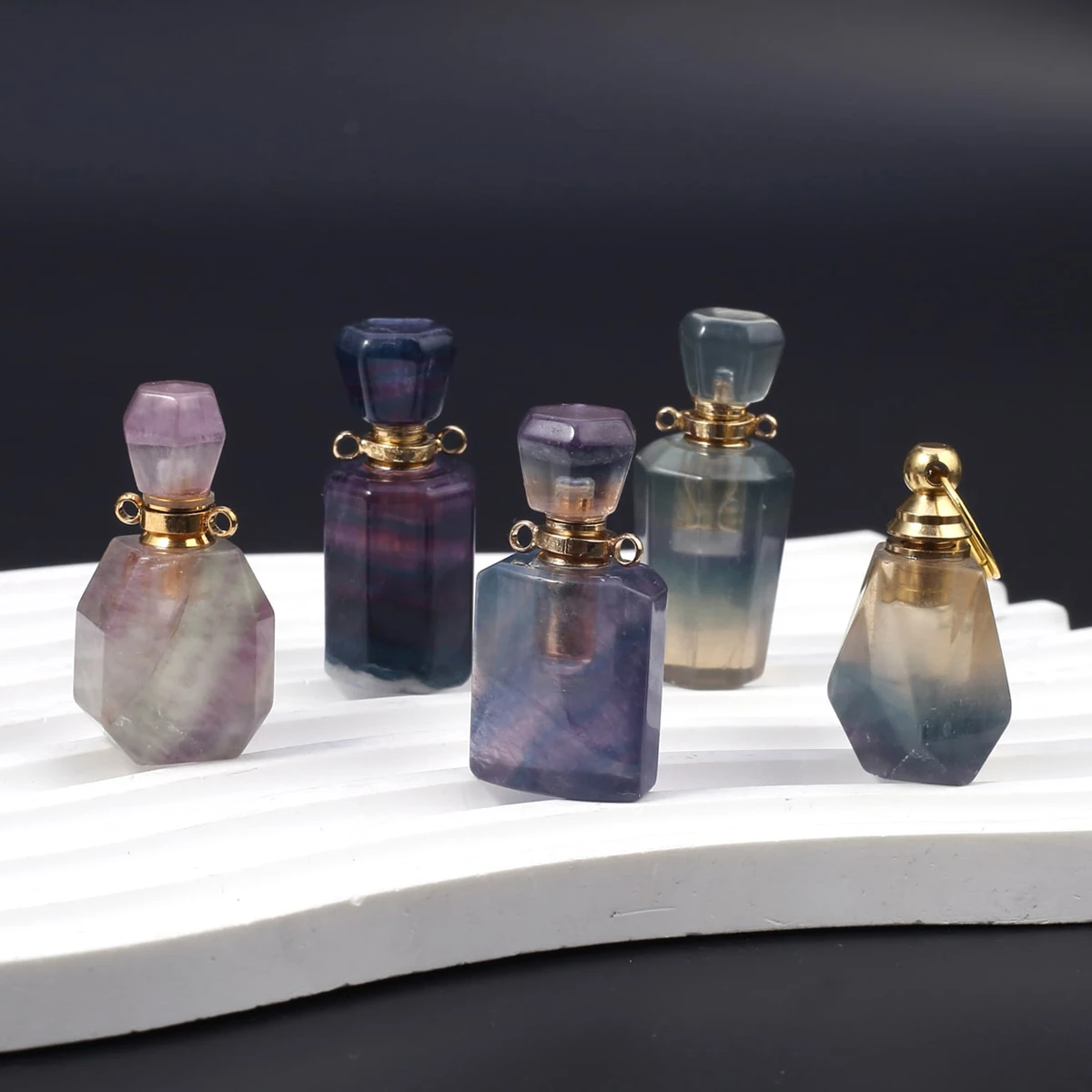 2PCS Natural Stone Fluorite perfume Bottle Essential Oil Diffuser Pendant DIY Necklace Exquisite Gift for Women