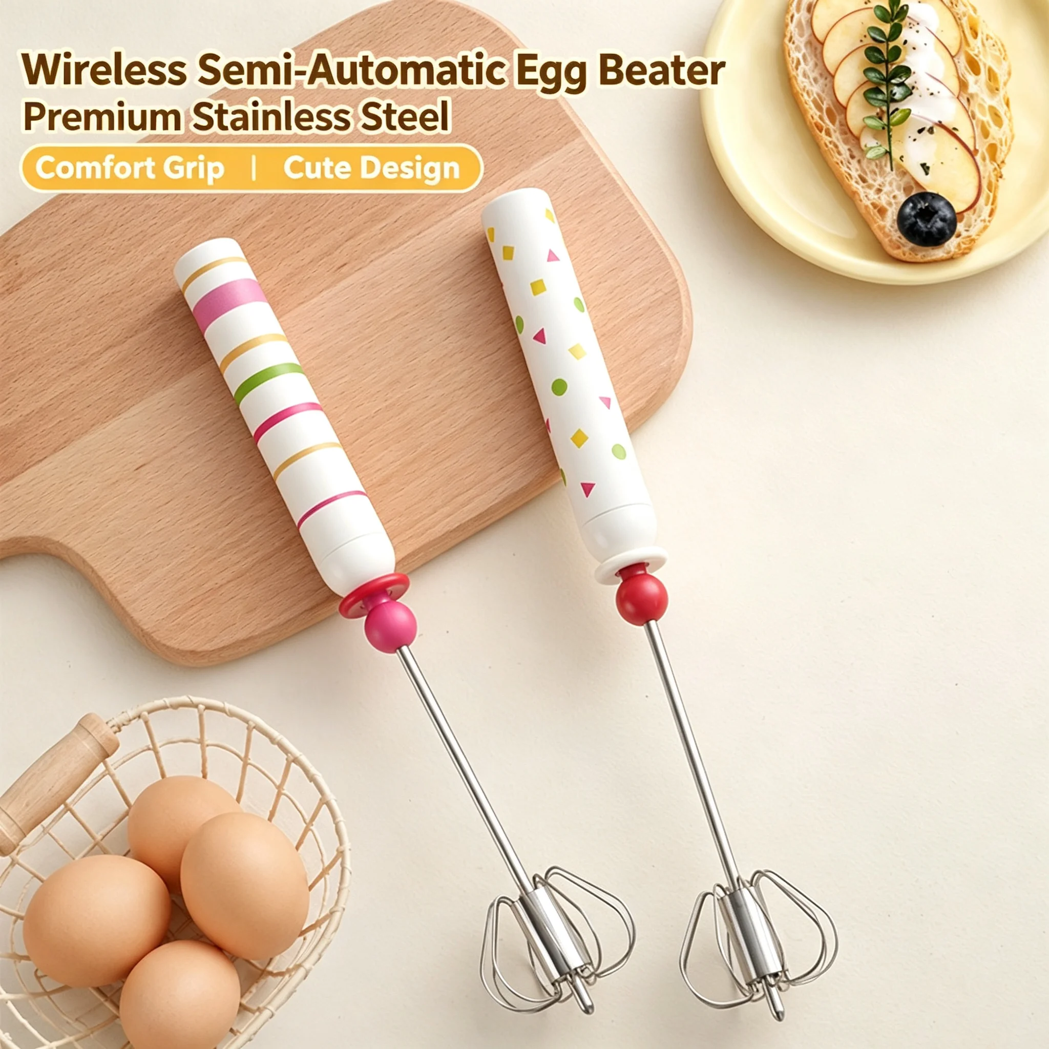 1pcs Hand pressed rotating egg beater, stainless steel labor-saving mixing stick, cake cream whisk, kitchen gadget