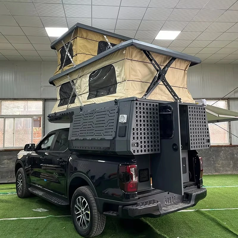 Slide-in pickup truck roof tent shell flat-bottomed camper with canopy design