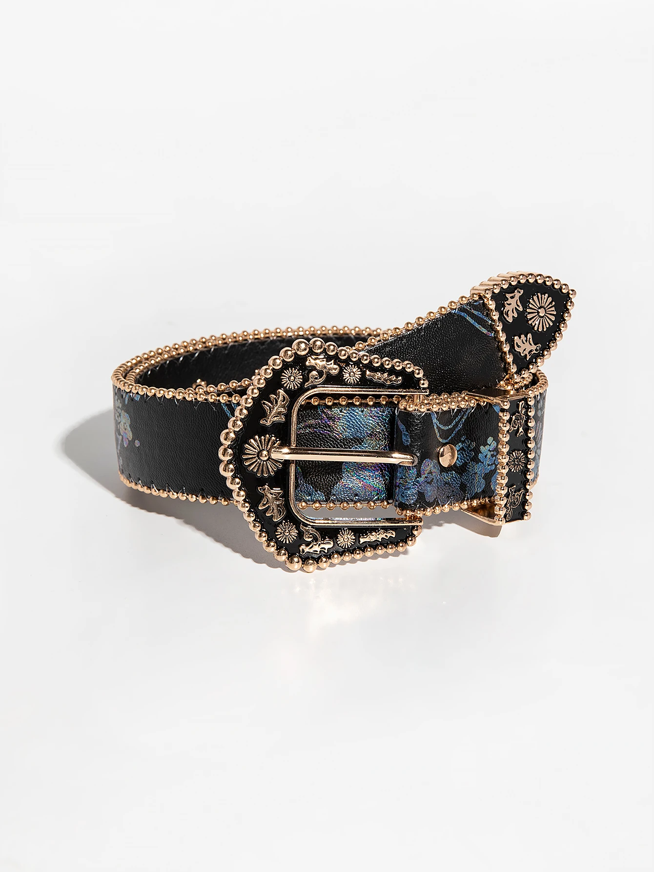 1 قطعة النمط الغربي خمر المرأة مشبك معدني أسود غير المتكافئة الأزهار المطرزة وحزام جلد محفور ، مناسبة للعارضة #3