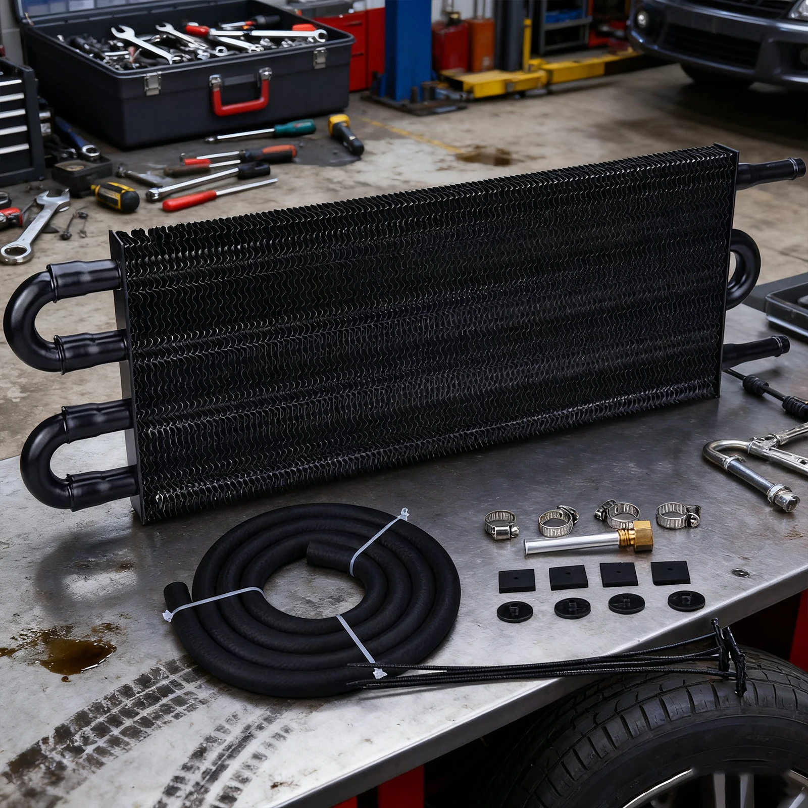 4 Row Universal Aluminium Alloy Radiator with Tube and Hose Mounting Kit Oil Radiator Transmission Engine Cooler