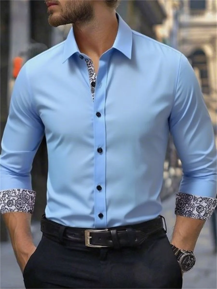

Men's long-sleeved casual shirt with new fashion design, solid color contrast color and elastic fabric for business and leisure