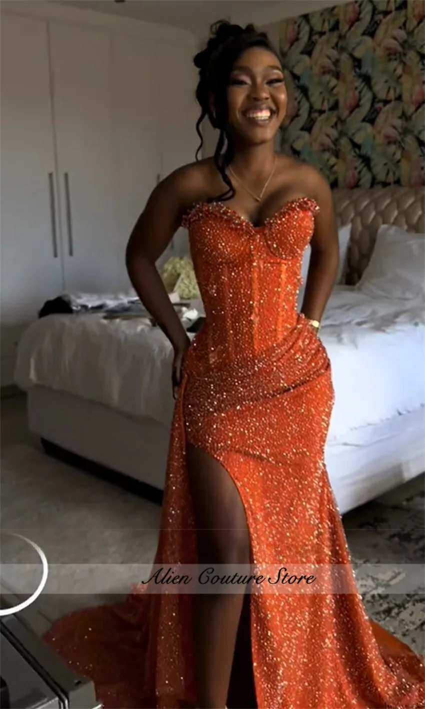Sparkle High Split Evening Dresses Orange Beading Diamonds Dinner Dress African 2025 Wedding Prom Party Dress Customized