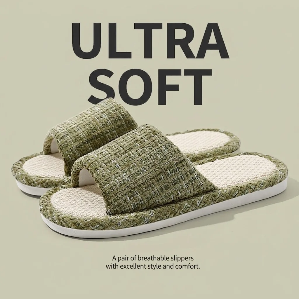 Atmungsaktive Leinen-Hausschuhe für Damen und Herren, gestrickte Tweed-Slipper mit offener Zehenpartie, rutschfeste, dicke, weiche Sohle, schweißabsorbierende Hausschuhe. – Detail 9