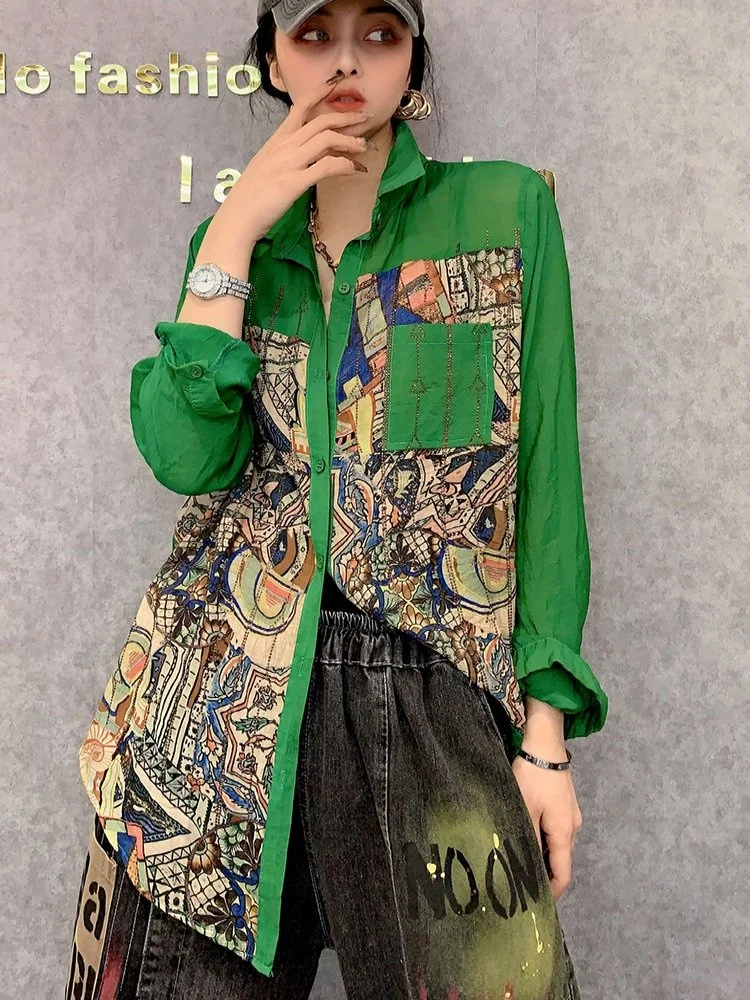 

Свободный крой Long Sve с принтом, цветная блузка с бриллиантами, женский модный утягивающий топ, весна-осень, этнический топ