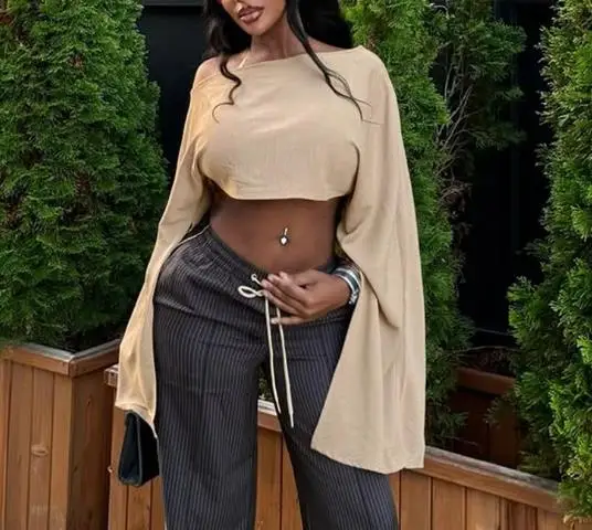 Otoño e Invierno para mujer con hombros descubiertos, se puede colgar en diagonal, con mangas abiertas y sueltas, cintura expuesta, jersey, top chal