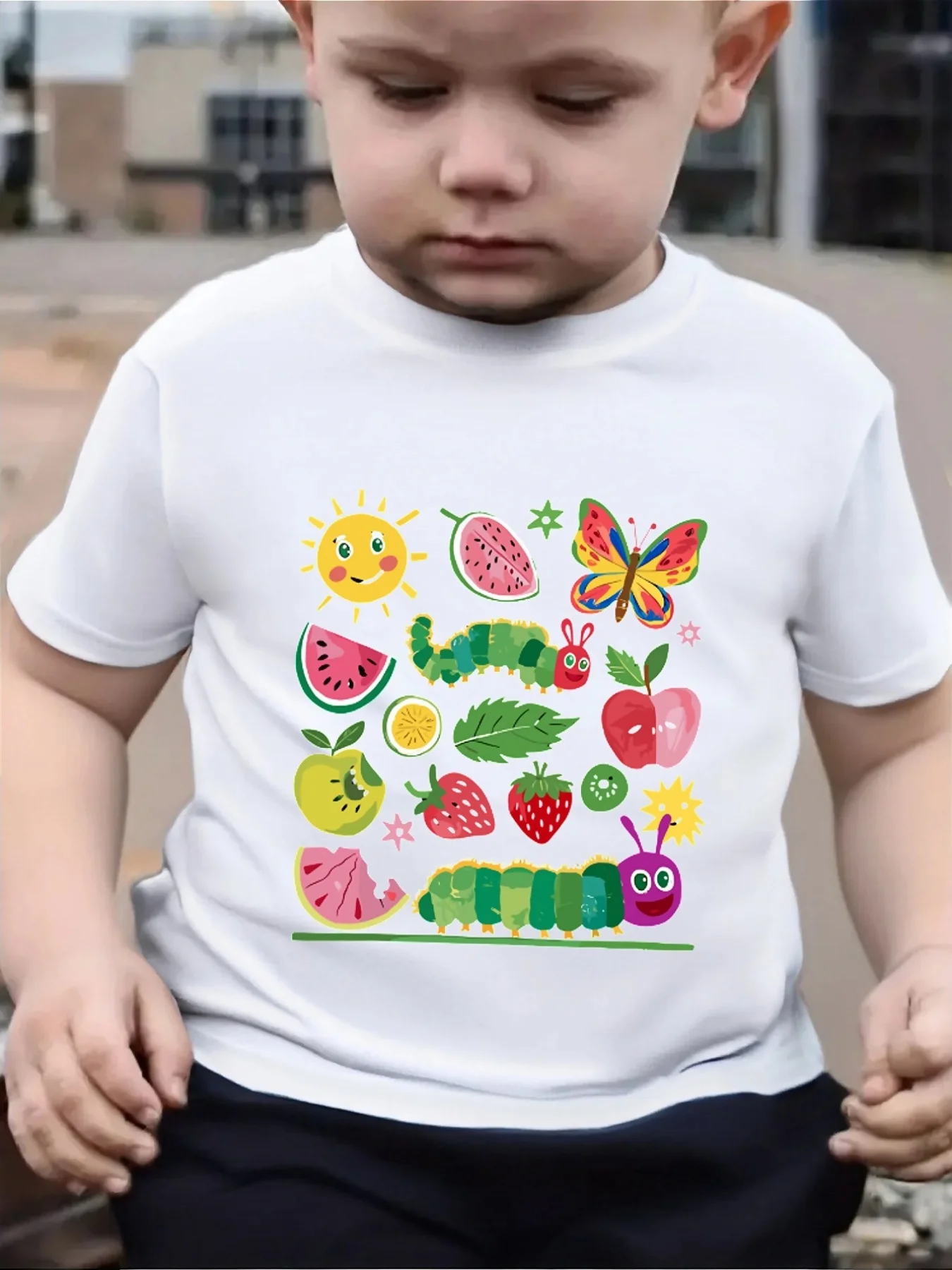Lovely Colorful Insect And Fruit Mix Cartoon Graphic Family Matching T Shirts Boys Girls Parent Child Daily Wear Cotton Tops
