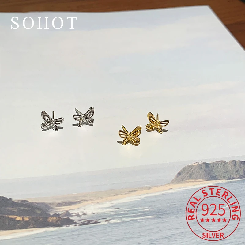 

Real 925 Sterling Silver Hollow Irregular Mini Butterfly Stud Earrings for Women Trendy Fine Jewelry Exquisite Accessories