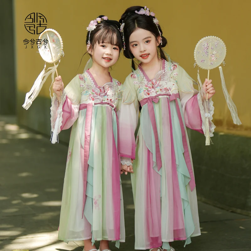 Детское платье Hanfu в китайском стиле на весну и осень 2024, платье принцессы в старинном стиле для девушек, супер сказочное осеннее