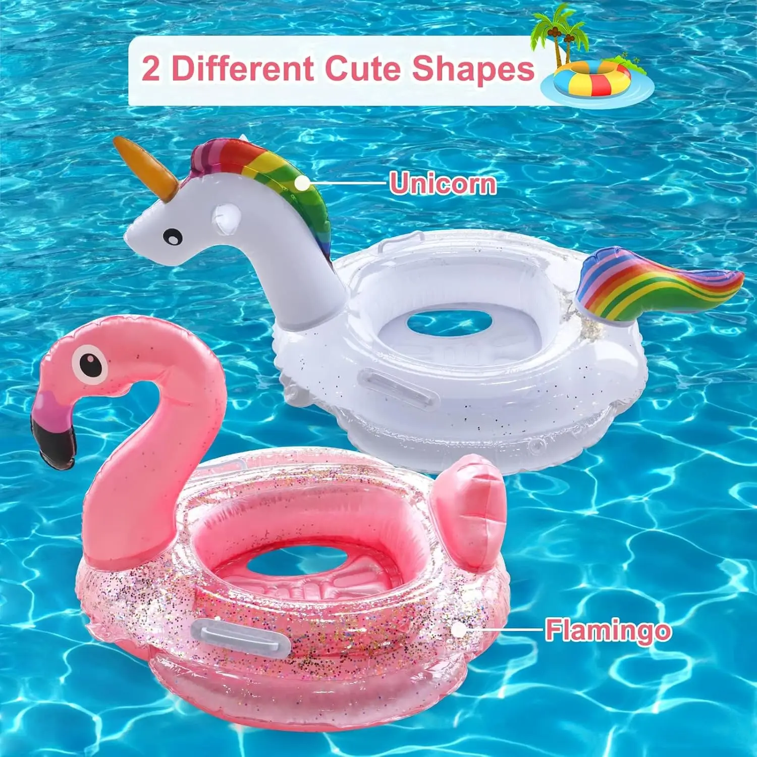 Flutuadores infláveis da piscina do unicórnio do flamingo para crianças 2 pacotes dos anéis de natação com assento de segurança e tubos da piscina do punho para a praia divertida flutuante