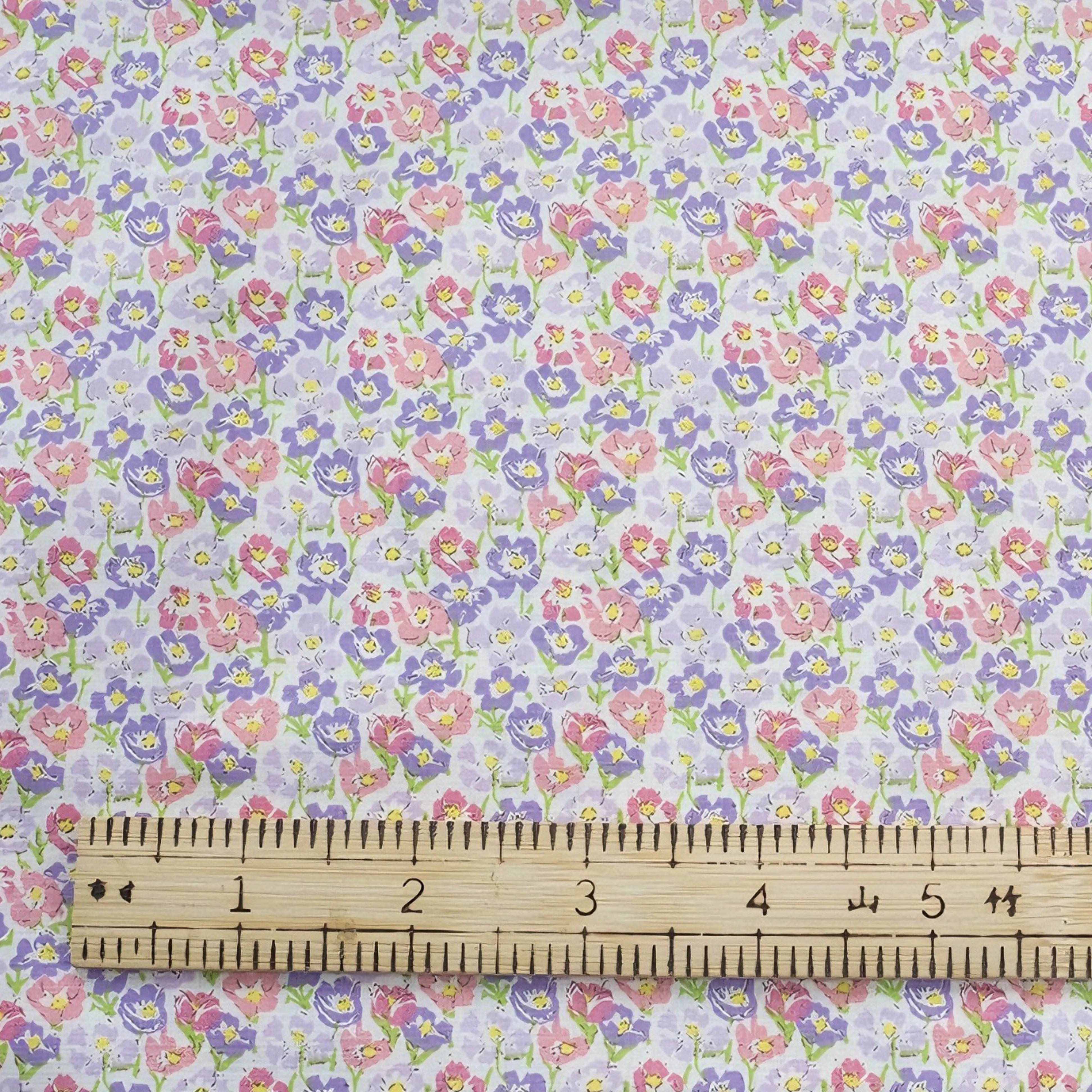 Pastel Hued Small Floral Print 100% Cotton Fabrics Set in Lilac Blue Pink and Yellow Ideal for Dressmaking and DIY Decor Design