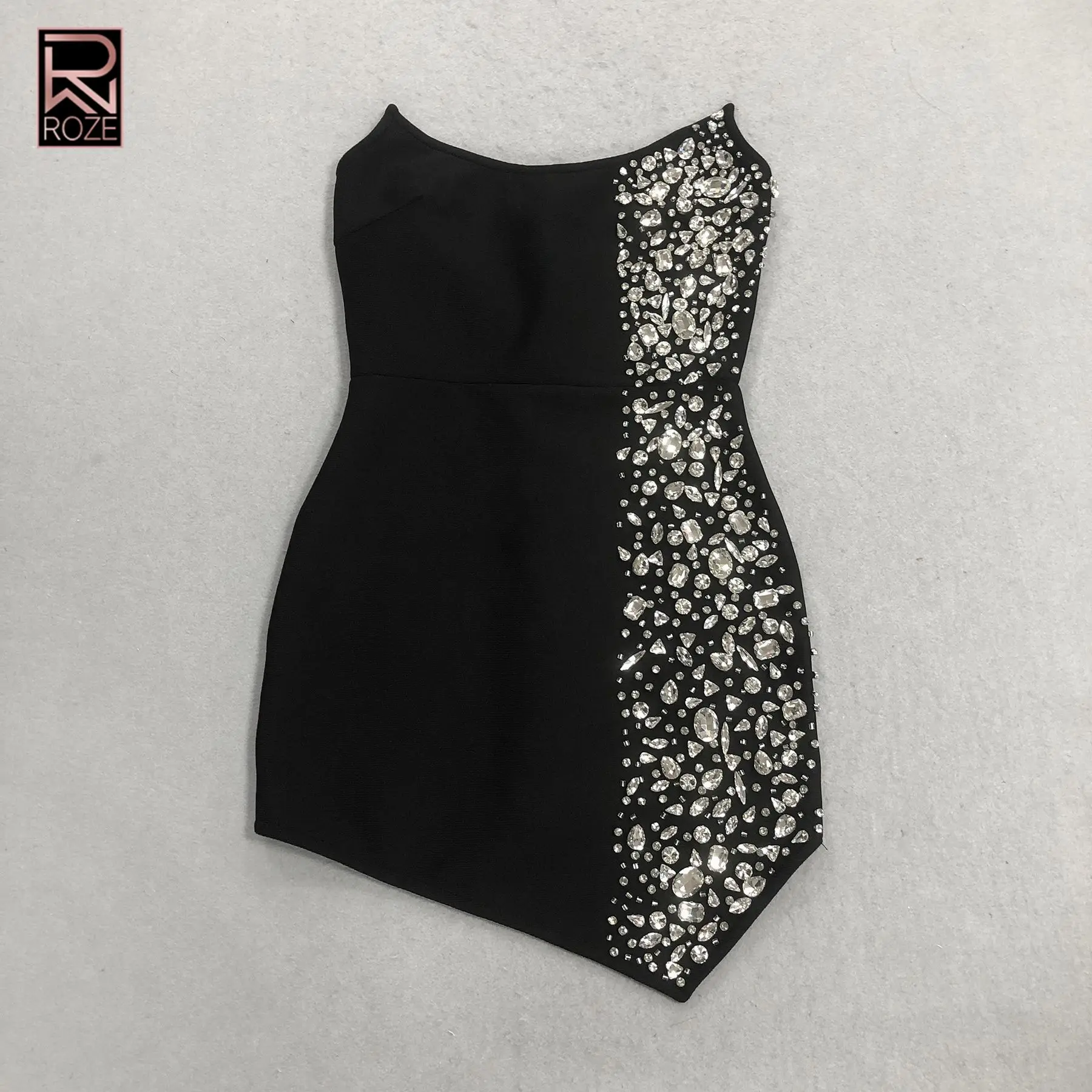 

ROZE 2026 Trending Black One-Shoulder Halter Bandage Dress - Crystal Embellishment Slim-Fit Mini Women’s Party & Evening Dress