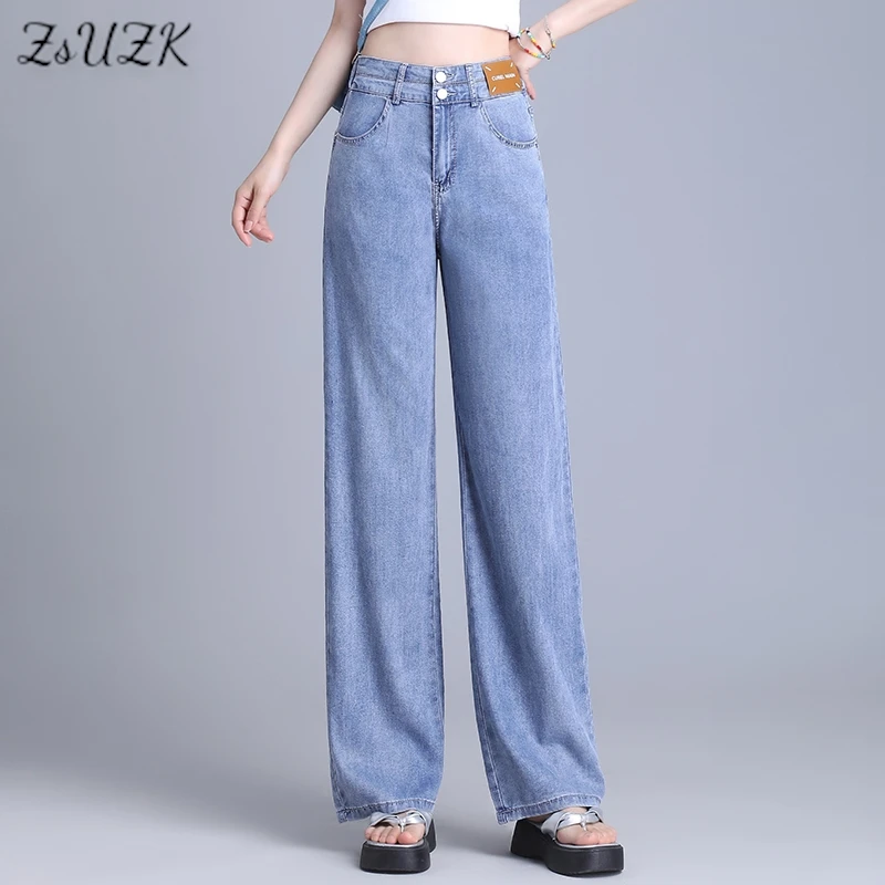 

ZUZK Women Summer Tencel Thin Jeans Fashion Loose Droop Elastic Waist Denim Long Pants Casual Wide Leg Pants Black Blue