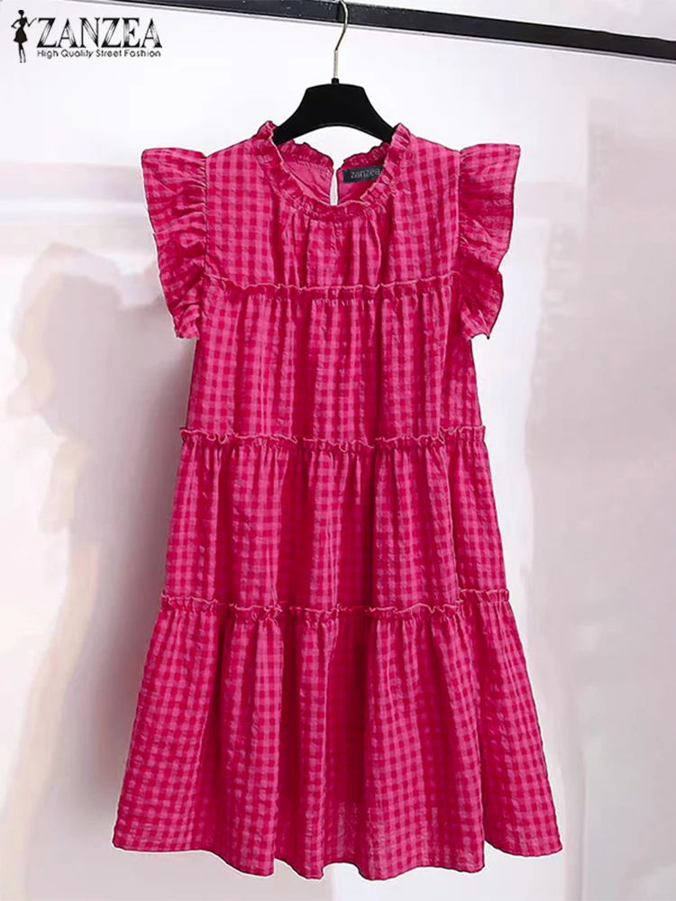 

ZANZEA Women Bohemian Ruffled Plaid Dress Summer Mini Sundress 2025 Fashion Short Sleeve Print Beach Vestidos Casual Robe Femme
