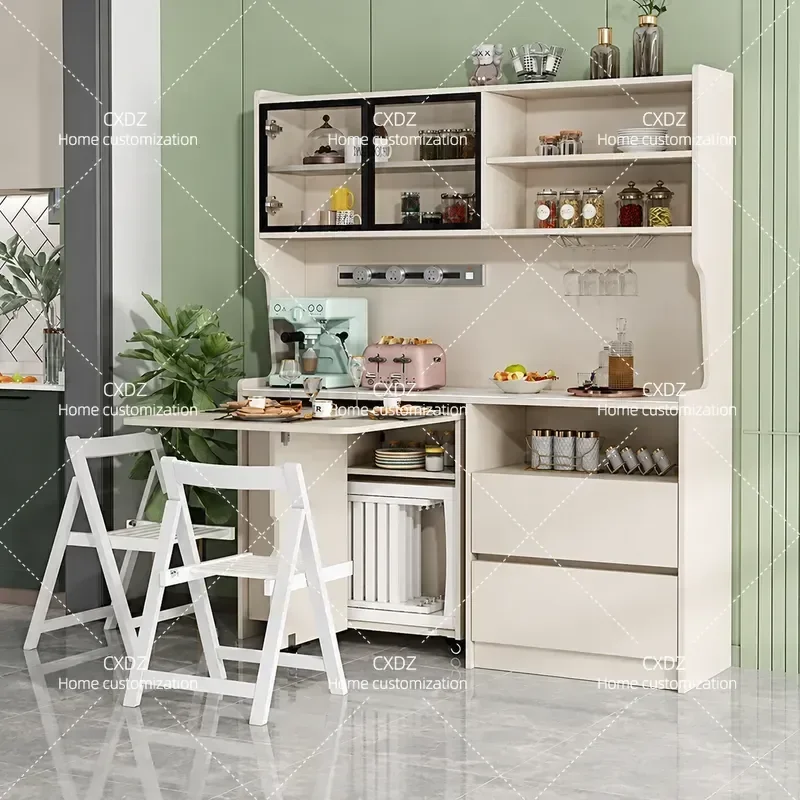 Light Luxury Cream Style Rock Slab Dining Side Cabinet with Folding Table Integrated Wall Mounted Small Apartment Microwave