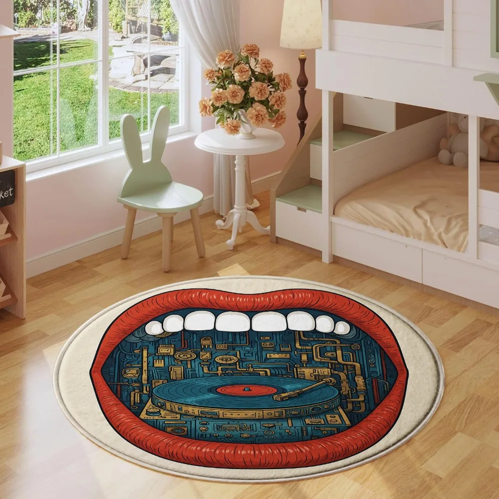 Creative Big Mouth Red Lips Vinyl Record Player Retro Pattern Holiday Luxury Round Mat Elegant Area Rug Home Decor
