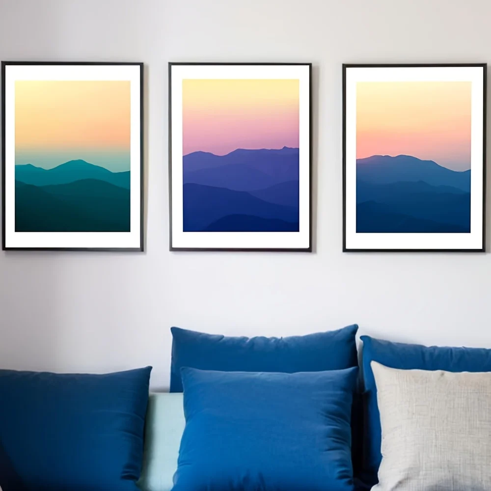 2D Flat, 2D Flat, Set of 3 Unframed 2D Flat Wall Art Prints Featuring a Colorful Mountain Range And Sunset, Perfect for Decor