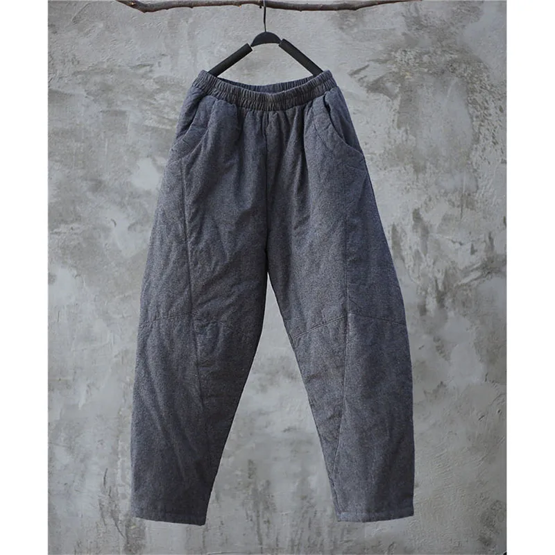 文学的な綿麻素材の秋冬用ハーレムパンツ、女性用厚手の綿ズボン、伸縮性ウエスト、暖かい足首丈パンツ