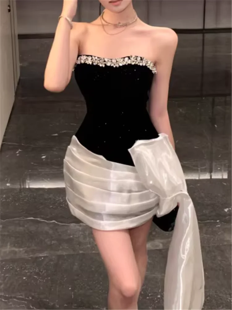 

French Luxury Beads Princess Black Velvet Little Birthday Dress 2026 Strapless Patchwork Slash Neck Short Irregular Party Dress