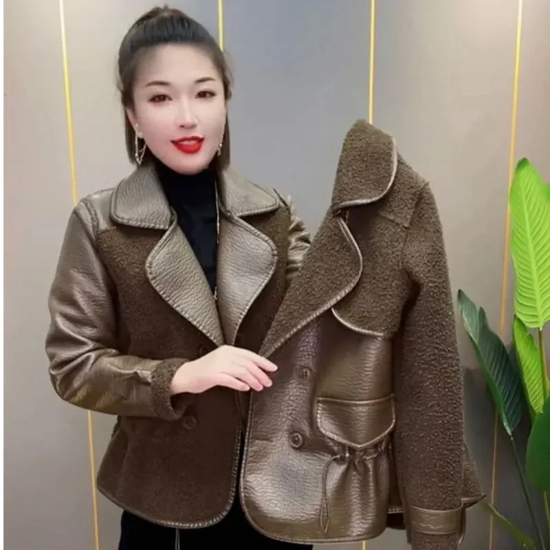 Women Short Leather Coat Both Sides Autumn Winter New Fur Integrated Velvet Leather Jacket Loose Jackets Plus Size Outerwears