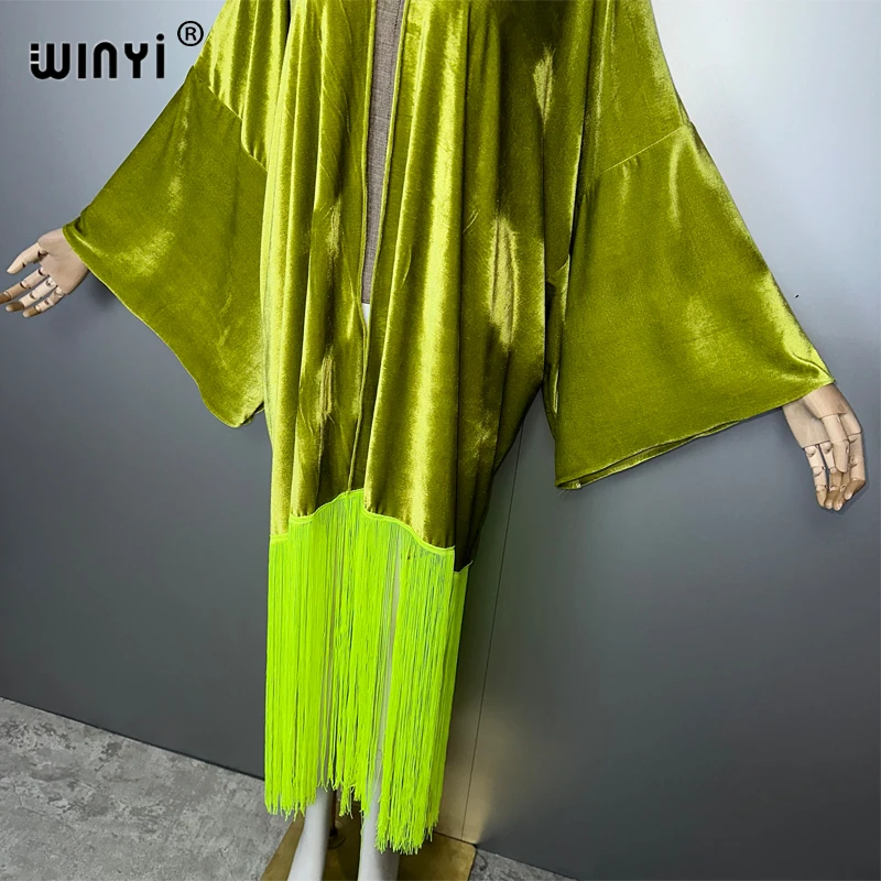 WINYI Quasten Kimono Strand Cover-up Sommer Outfits für Frauen Elegante Mode Monochrome Strickjacke sexy Urlaub Maxikleid