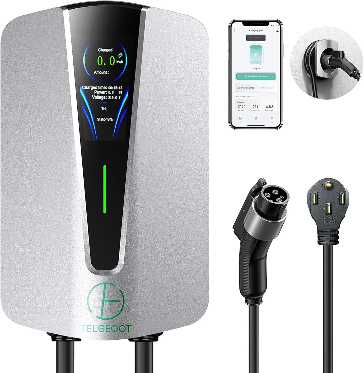 

Level 2 EV Charger 48Amp, Indoor/Outdoor Electric Car Charger EVSE SAE J1772, NEMA 14-50 Plug, 25ft Cable, Start Charge Timer