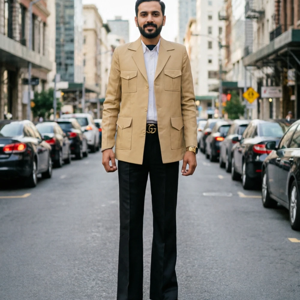Safari Men Suits with Wide-Leg Pants Vintage Utility Blazer Button Pocket Detail Slim Fit Casual Occasions Daily Wear 2 Pieces