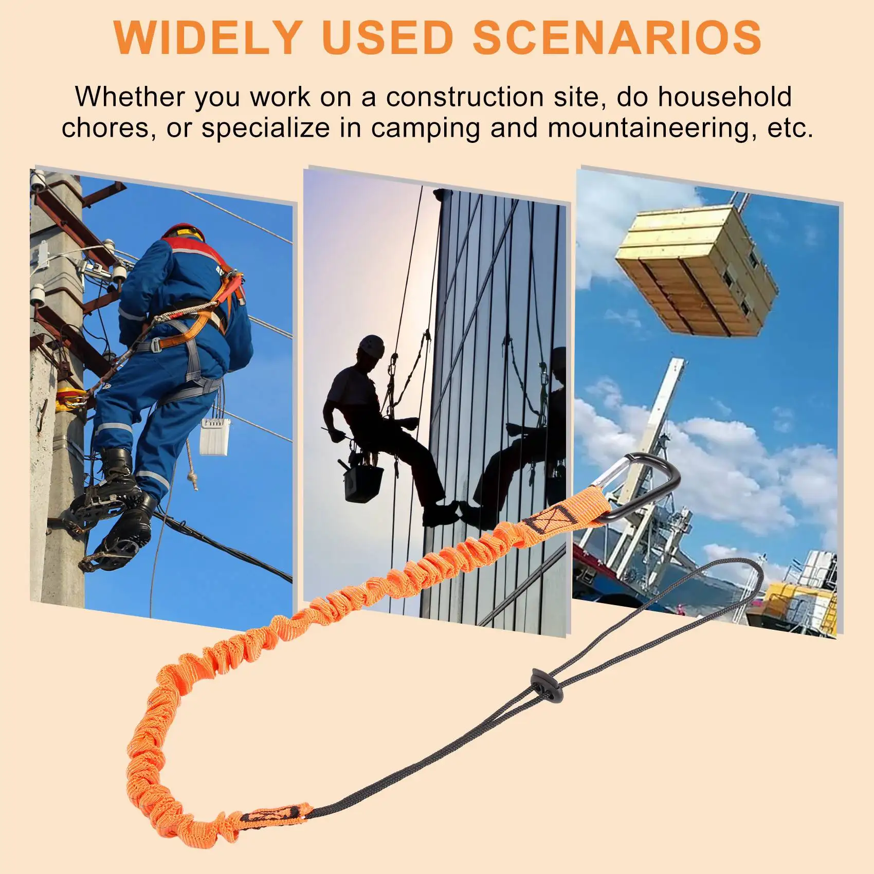 حبل أمان مع حلقة تسلق ، حبل أمان قابل للتعديل لأدوات العمل ، امتصاص الصدمات ، 3