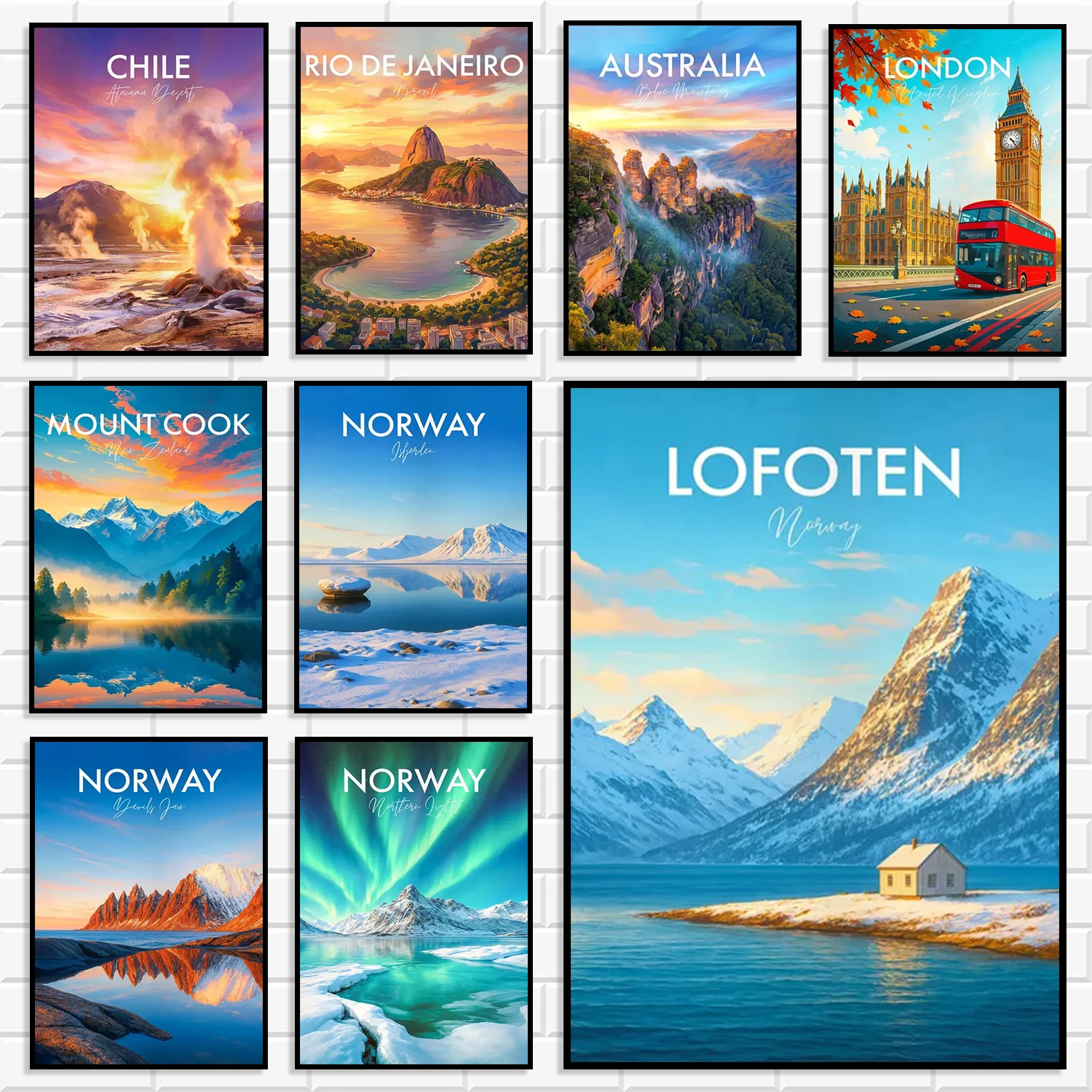 Vintage World Travel Landscape Canvas Wall Art Set Global Famous City Nature Scenery Poster for Living Room Airbnb Apartment