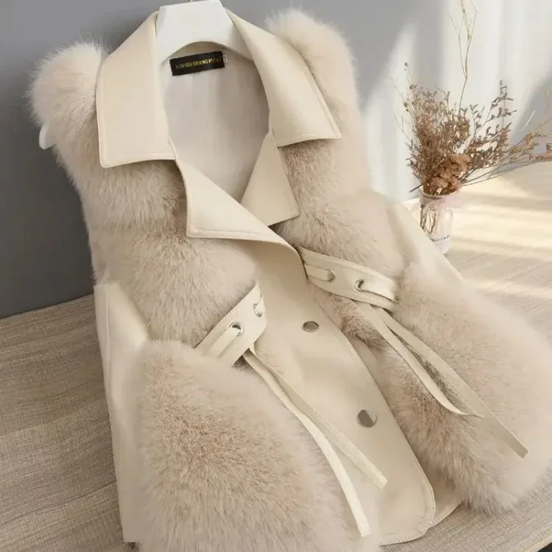 Solid Color Waistcoat Woman Lace Up Warm Korean Style Cheap Cold Fur Vest for Women Winter Clothing Coats on Sale New Outerwear