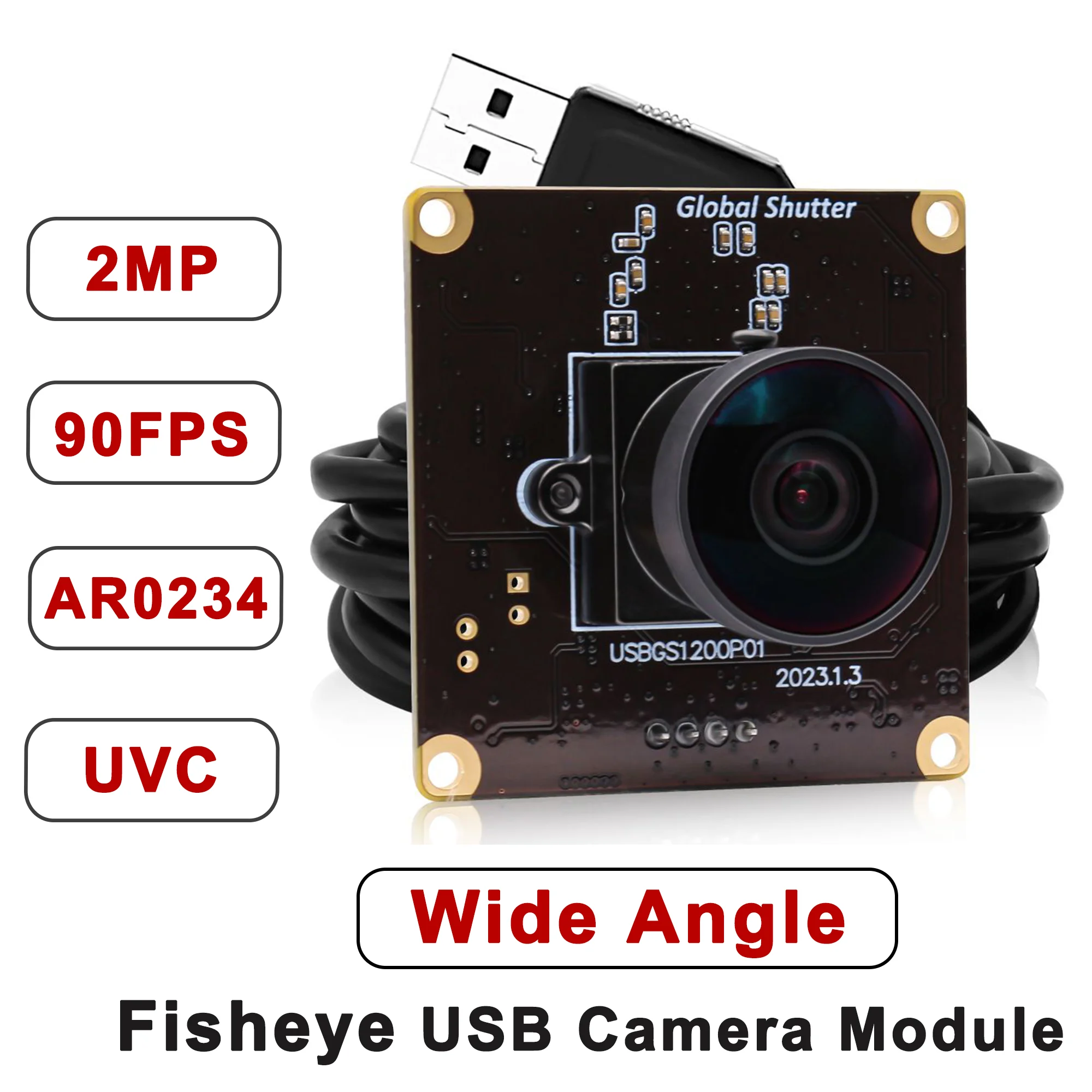 ELP 1200P 90fps Global Shutter USB Camera Module with Fisheye Lens Wide Angle PC Webcam Board for High-speed photography