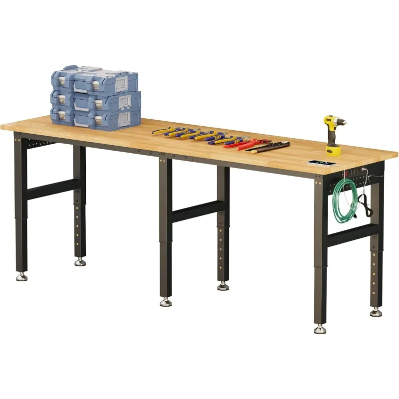 

84“ Adjustable Heavy Duty Workbench With 4 AC Outlet And 2 USB Ports Power Outlets, 5000 Lbs Capacity, Rubber Wood Top