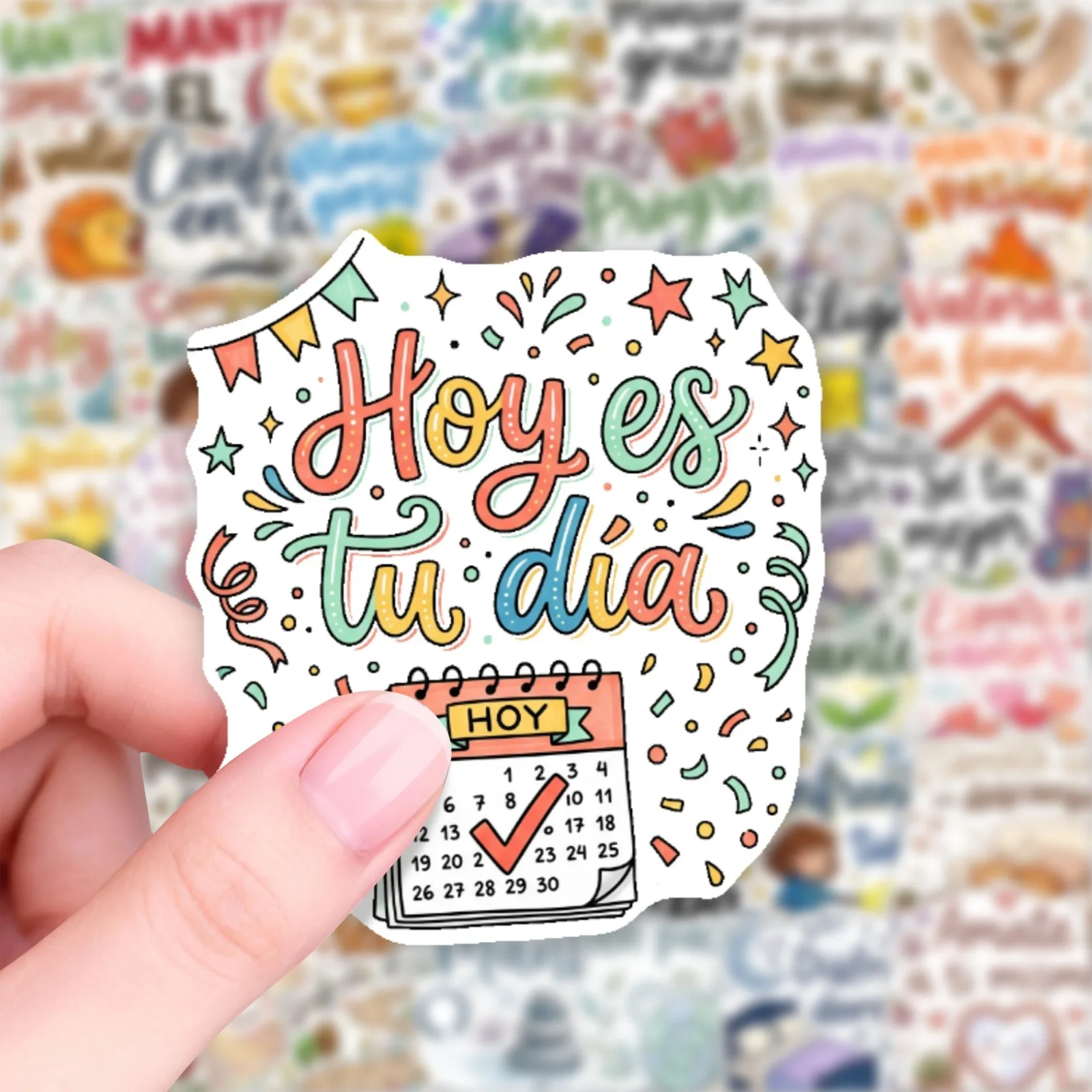50 PCS Cartoon Spanish Inspirational Quote Stickers Hand Drawn Colorful Spanish Positive Text Student Waterproof PP Decals
