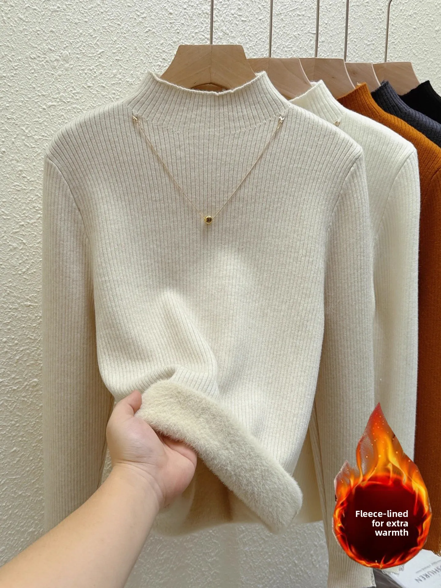 

Утепленный вязаный свитер с высоким воротником для женщин, зимний, цельный, бархатный, теплый, базовый, с кружевными манжетами, из шерсти и кашемира