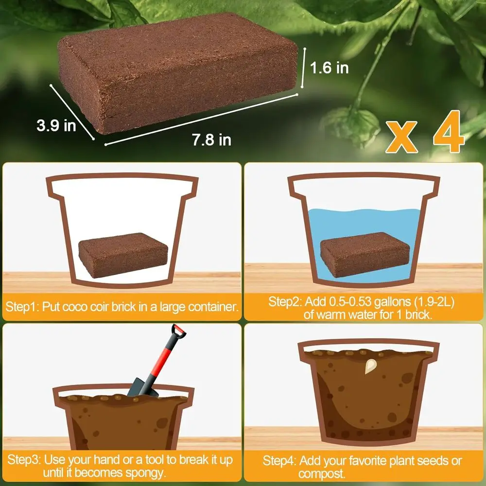 Organic Coconut Coir 4 Pcs Compressed Bricks, Coconut Fiber Husk Substrate Mulch, Coconut Bark Core Growing Medium, Peat Moss So