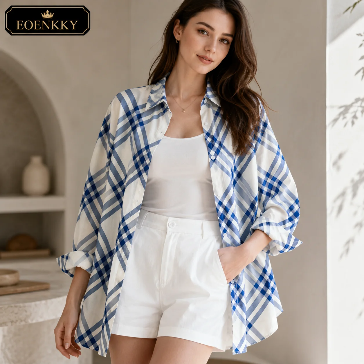 EOENKKY Women Blue Plaid Shirt Long Sleeve Button Down Oversized Blouse Loose Fit Casual Summer Layering Top S-XXL