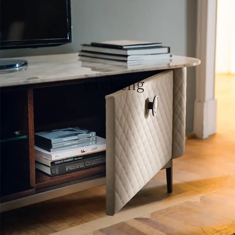 light luxury TV cabinet combination simple modern solid wood leather floor cabinet high marble audio-visual cabinet
