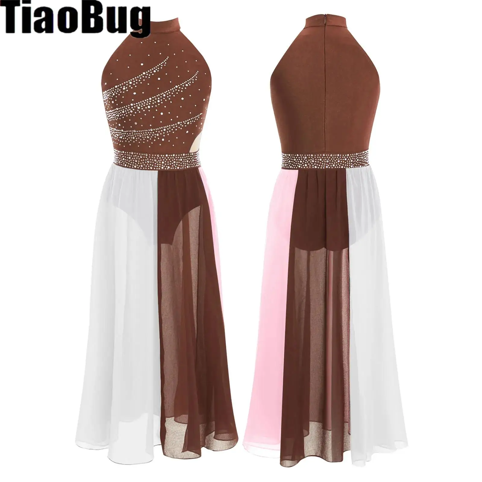 Girls Modern Lyrical Dance Performance Costume Sleeveless Rhinestones Side Split Chiffon Leotard Dress Ballet Contemporary Dance