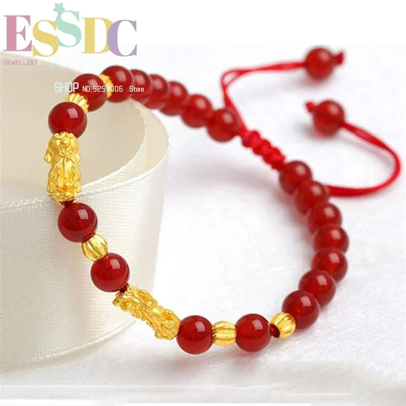 Wholesale Hand Weave Sand 3D Hard Gold Transfer Luck Beads Female Pixiu  The Animal Year Red Cord Bracelet