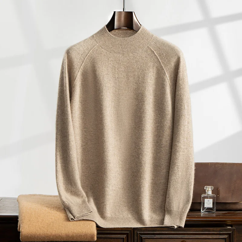 Autumn and Winter 100% Cashmere Sweater Men's Shoulder Insert Half High Collar Sweater Solid Color Knitted Bottom Sweater